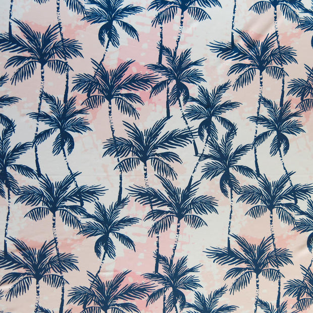 Navy Palm Trees on Pink Tie Dye Poly Spandex Swimsuit Fabric