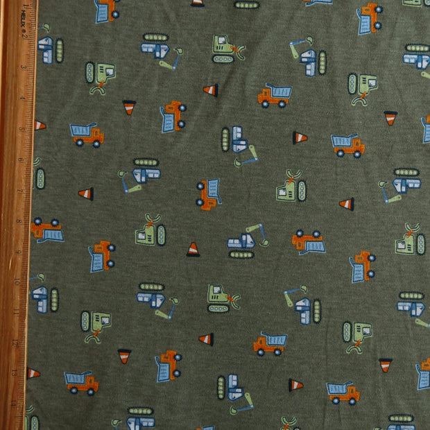 Trucks on Green Poly Cotton Jersey Knit Fabric