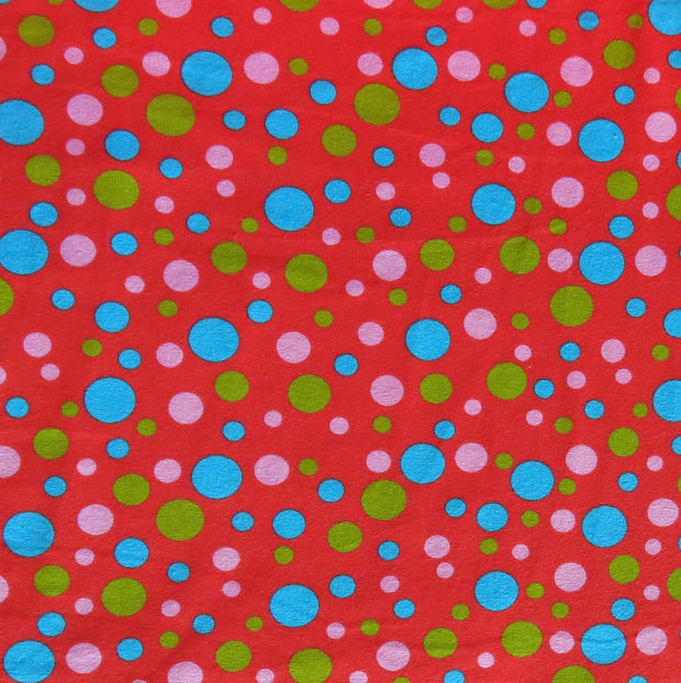 Aqua, Lime, and Pink Bubble Dots on Red Cotton Spandex Knit Fabric