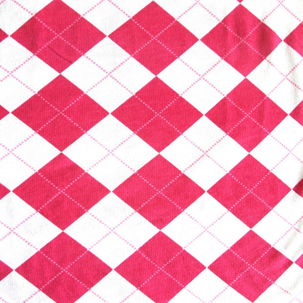 Hot Pink Argyle on White Cotton French Terry Fabric