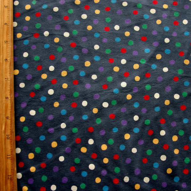 Colorful Polka Dots on Dark Grey Cotton Knit Fabric