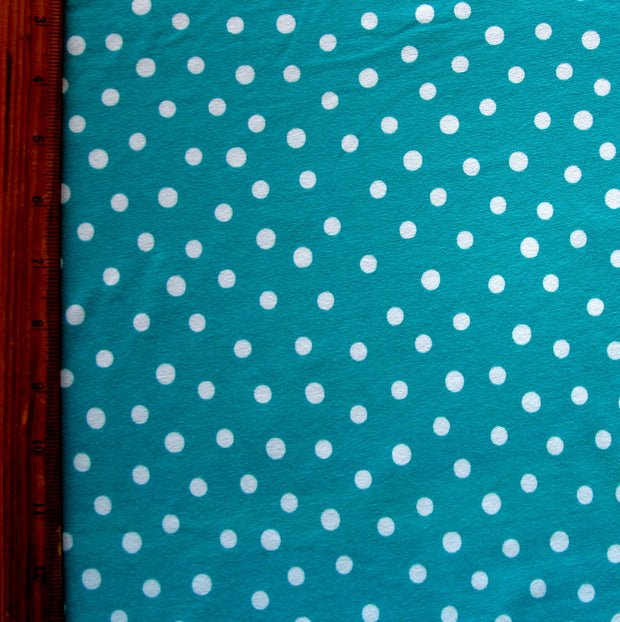 White Dotty Dots on Teal Cotton Lycra Knit Fabric - Seconds - Less Than Perfect