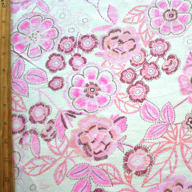 Fuschia/Pink Floral on Creme Cotton Knit Fabric