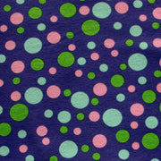 Green, Aqua, and Lavender Bubble Dots on Purple Cotton Lycra Knit Fabric