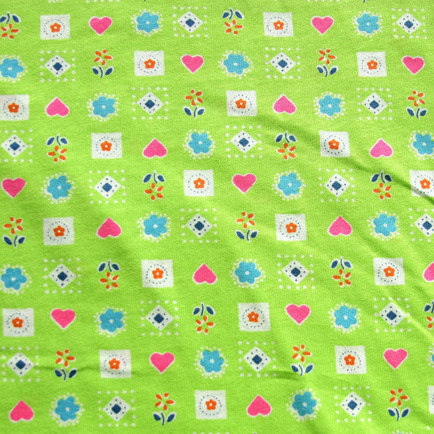 Hearts and Flowers on Lime Cotton Knit Fabric