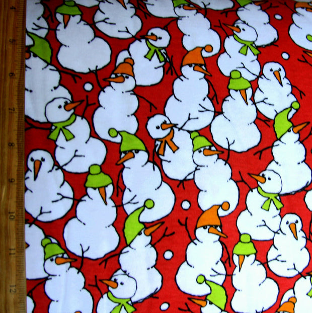 Holiday Snowmen on Red Cotton Interlock Fabric