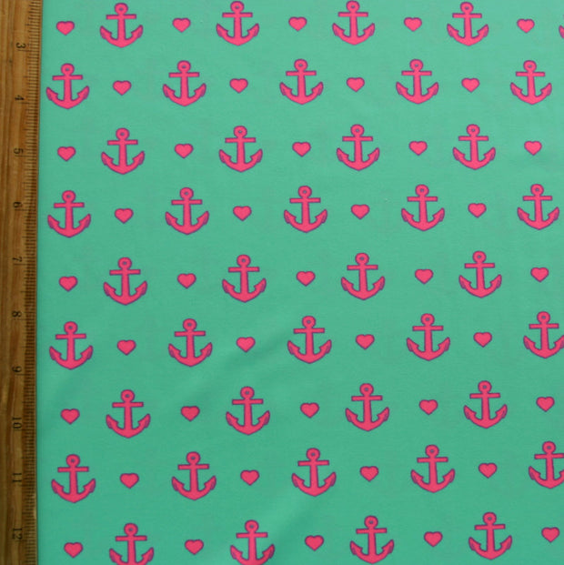 Hot Pink Anchors and Hearts on Bright Mint Nylon Lycra Swimsuit Fabric