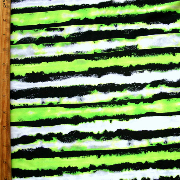 Lime, Black and White Distressed Stripe Nylon Lycra Swimsuit Fabric