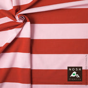 Powder Pink and Ketchup Wide Stripe Organic Cotton Lycra Knit Fabric by Nosh Organics