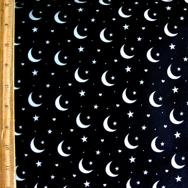 White Moons, Stars, and Hearts on Black Nylon Lycra Swimsuit Fabric