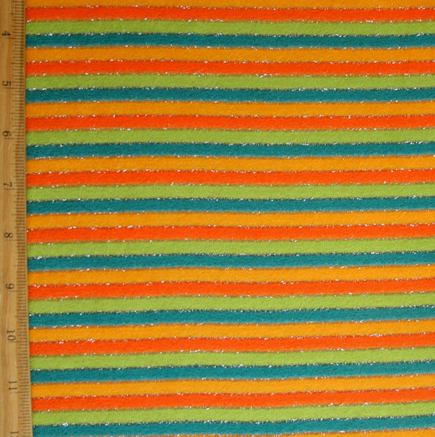 Teal, Lime Green, Orange and Light Orange Stripes with Silver Thread Cotton Velour Knit Fabric