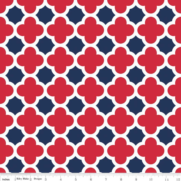 Quatrefoil Red/Navy Cotton Lycra Knit Fabric by Riley Blake
