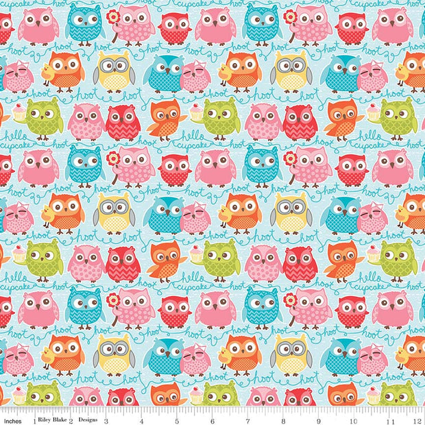 Tree Party Owls Blue Cotton Lycra Knit Fabric by Riley Blake