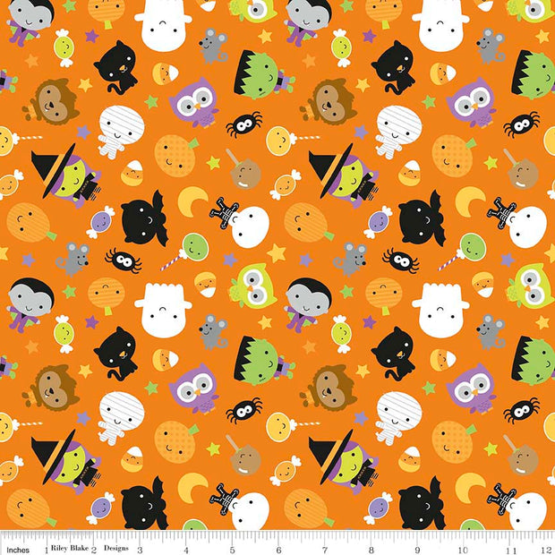 Ghouls and Goodies Main Orange Cotton Lycra Knit Fabric by Riley Blake