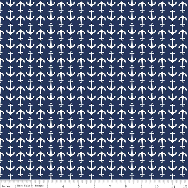 White Anchors on Blue Cotton Lycra Knit Fabric by Riley Blake
