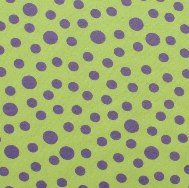 Purple Mini Bubble Dots on Lime Cotton Lycra Knit Fabric - 19" Remnant Piece