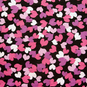 Purple, White, Pink, and Magenta Hearts on Black Cotton Lycra Knit Fabric - 19" Remnant