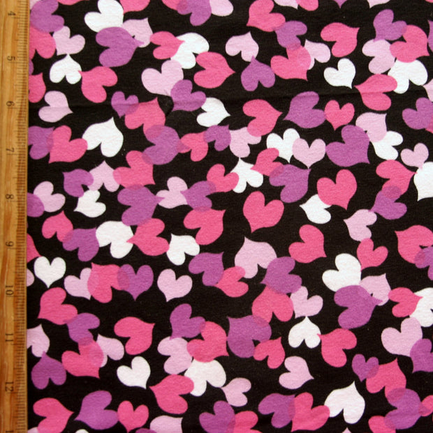 Purple, White, Pink, and Magenta Hearts on Black Cotton Lycra Knit Fabric - 19" Remnant