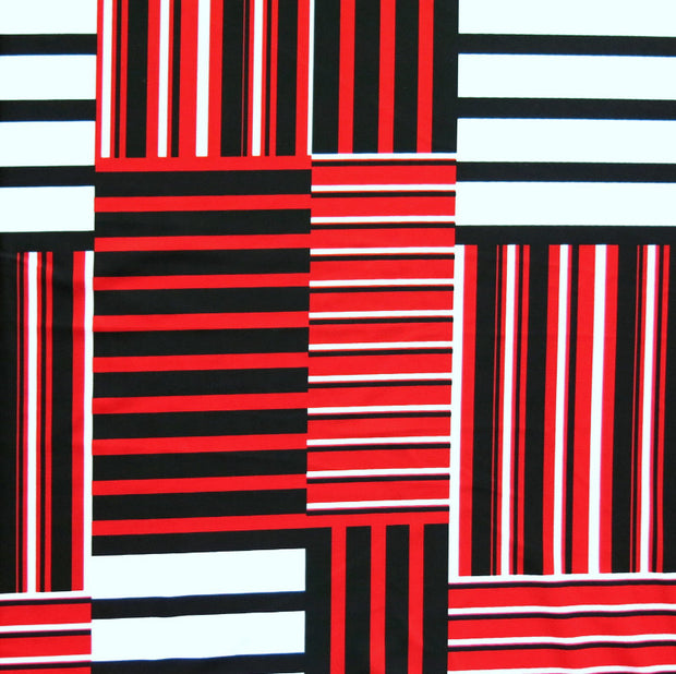 Red, Black, and White Stripe Squares Nylon Spandex Swimsuit Fabric