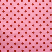 Red Aspirin Polka Dots on Pink Cotton Lycra Knit Fabric - SECONDS - Not Quite Perfect