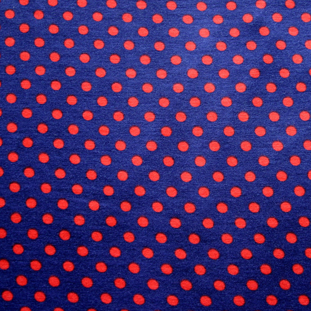 Red Eraser Polka Dots on Navy Rayon Lycra Knit Fabric