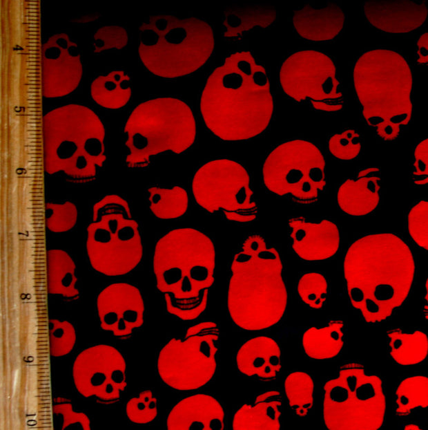 Red Skulls on Black Nylon Lycra Swimsuit Fabric
