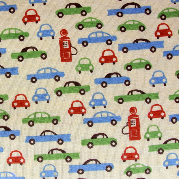 Retro Cars and Pumps on Yellow Cotton Knit Fabric - 15 Yard Bolt