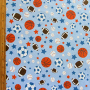 Sports and Stars on Blue Cotton Knit Fabric
