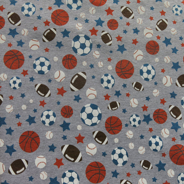 Sports and Stars on Heathered Grey Cotton Knit Fabric