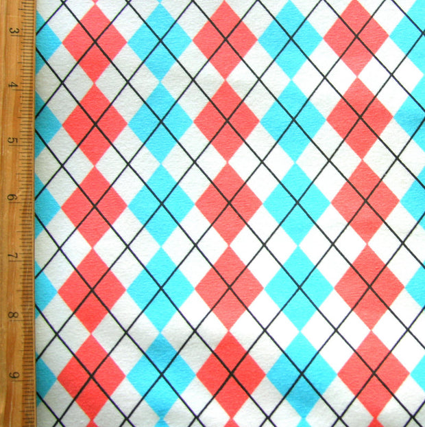 Turquoise and Coral Argyle Cotton Lycra Knit Fabric
