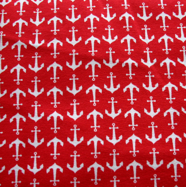 White Anchors on Red Cotton Lycra Knit Fabric by Riley Blake