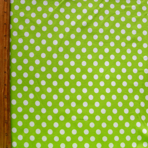 White Polka Dots on Grinch Green Cotton Lycra Knit Fabric