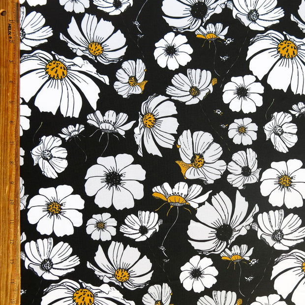 Daisies on Black Poly Spandex Swimsuit Fabric