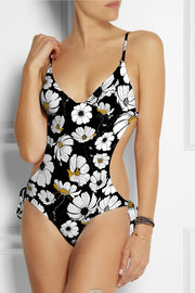 Daisies on Black Poly Spandex Swimsuit Fabric