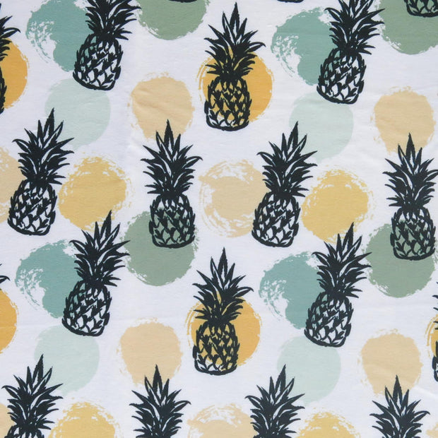 Pineapples and Dots on White Poly Spandex Swimsuit Fabric