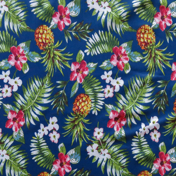 Pineapples and Fauna on Navy Nylon Spandex Swimsuit Fabric