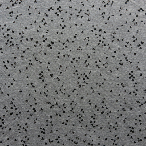 Tiny Black and Rose Gold Foil Hearts on Heathered Grey Rayon Spandex French Terry Fabric - 22" Remnant