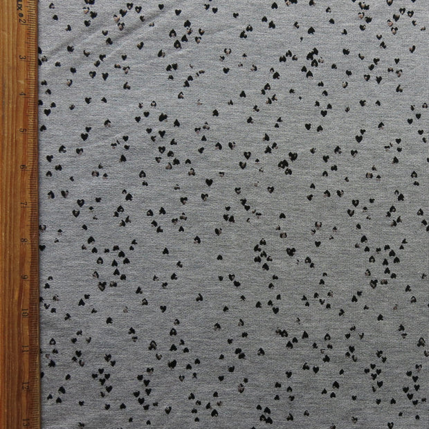 Tiny Black and Rose Gold Foil Hearts on Heathered Grey Rayon Spandex French Terry Fabric - 22" Remnant