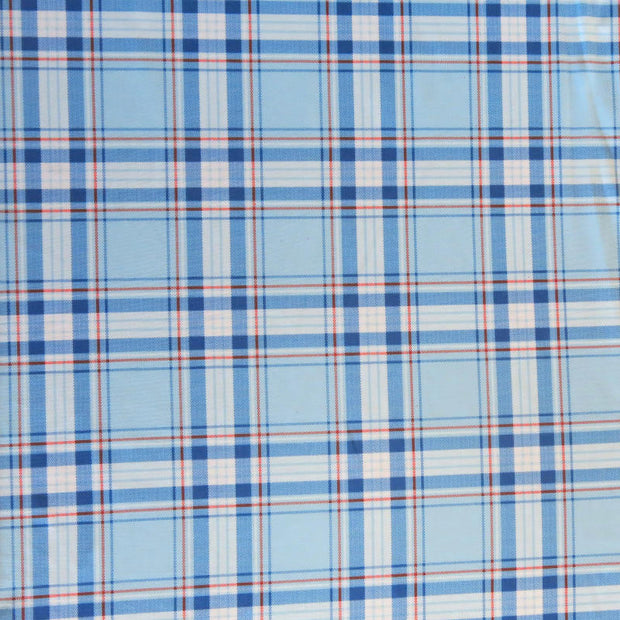Royal and Red Plaid on Light Blue Nylon Spandex Swimsuit Fabric - 20" Remnant