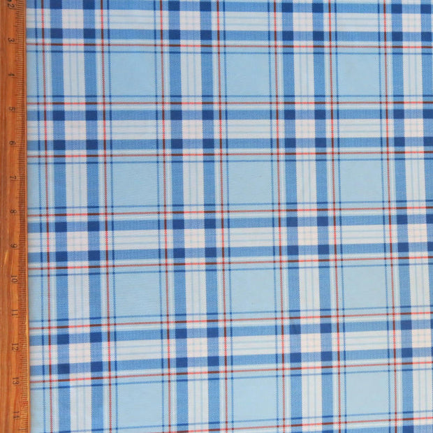 Royal and Red Plaid on Light Blue Nylon Spandex Swimsuit Fabric - 20" Remnant