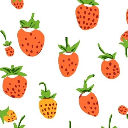 Strawberry Cotton Knit Fabric by Heather Ross, Orange Colorway