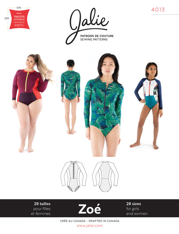 Zoe Long-Sleeve Front-Zip Swimsuit Sewing Pattern by Jalie