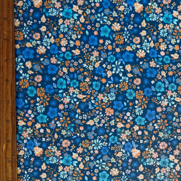 Shades of Blue/Orange Ditsy Flowers Poly Spandex Swimsuit Fabric