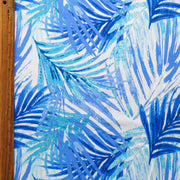 Blue Palms on White Nylon Spandex Swimsuit Fabric - 27" Remnant