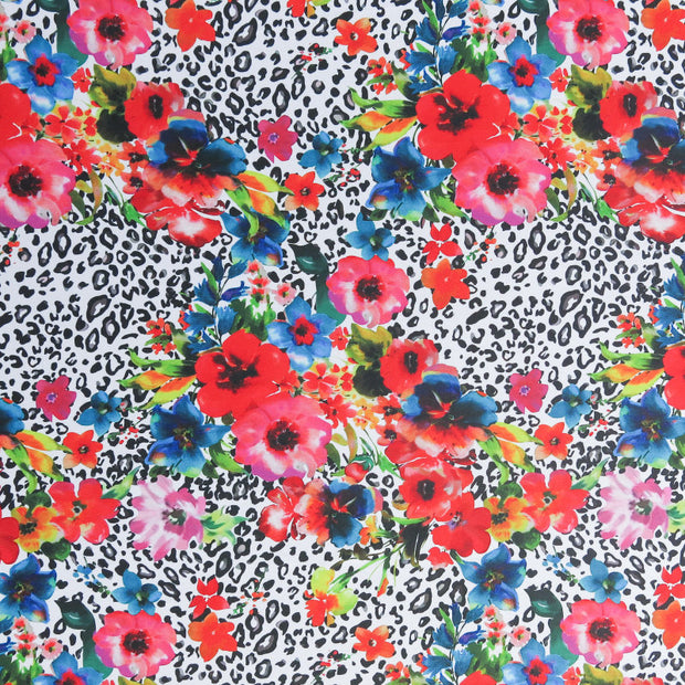 Bright Floral on Leopard Poly Spandex Swimsuit Fabric - 25" Remnant