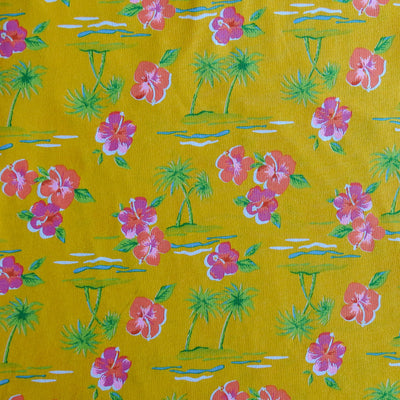 Bright Hawaiian on Yellow Cotton Jersey Knit Fabric