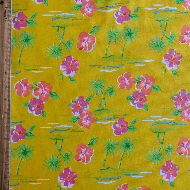 Bright Hawaiian on Yellow Cotton Jersey Knit Fabric