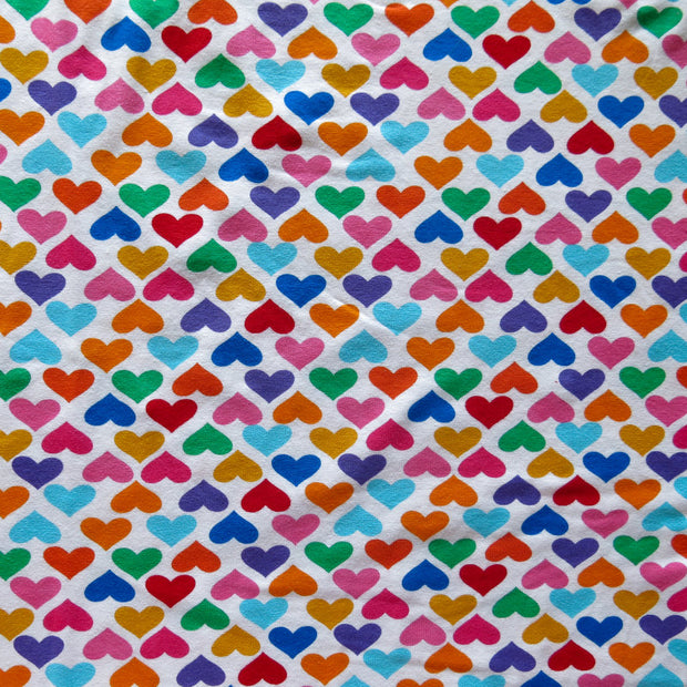 Colorful Hearts on White Cotton Lycra Knit Fabric
