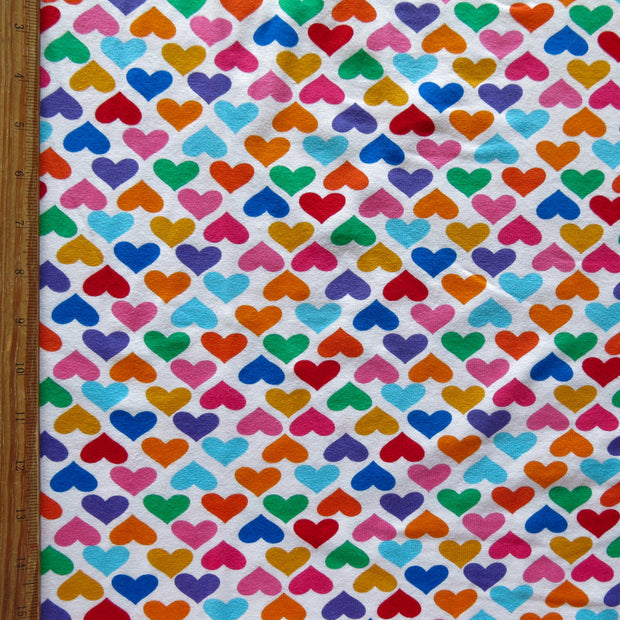Colorful Hearts on White Cotton Lycra Knit Fabric