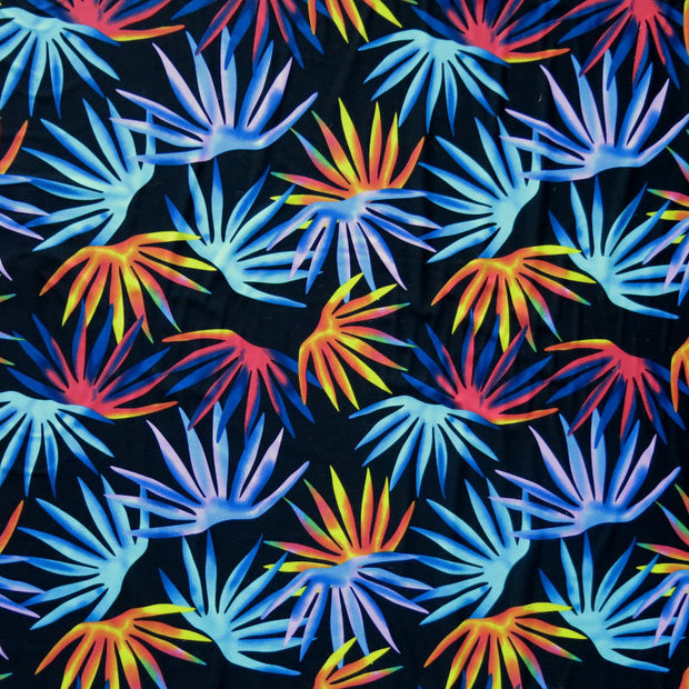 Colorful Palm Fronds on Black Nylon Spandex Swimsuit Fabric